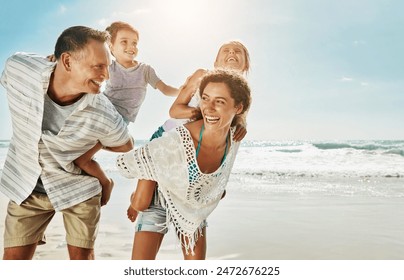 Love, happy family and piggyback at a beach for summer fun, care and bonding on vacation in nature. Freedom, support and kids with parents at sea for travel, playing and back ride games in Florida - Powered by Shutterstock