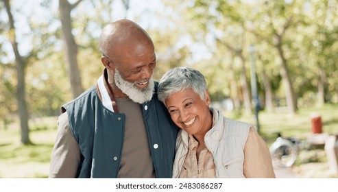 Love, happy and senior couple in park for walk, exercise and fitness in retirement in nature or forest. Partner, diverse and support or trust for man and female person, care and hug or embrace - Powered by Shutterstock