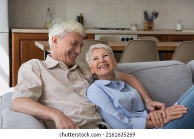 Love Has No Age. Laughing Carefree Hoary Elderly Spouses Husband Wife Cuddle On Comfy Couch Talk Enjoy Romantic Moment Of Bonding. Happy Old Age Family Couple Spend Time Together At Cozy Studio Flat