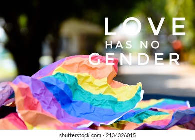 'Love has no gender' on blurred rainbow flag background, concept for celebrations of lgbtq+ communities around the world in pride month, June, every year.