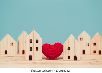 Love Heart Between Two House Wood Model For Stay At Home For Healthy Community Together Concept.