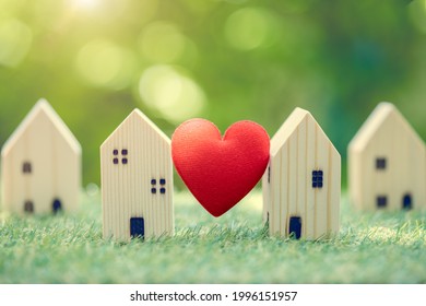 Love Heart Between Two House Wood Model For Stay At Home For Healthy Community Together On Green Fresh Ecology Natural Environment.