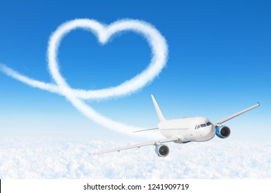 Love heart cloud drawing by airplane. Love concept for traveling the world