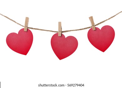 Love Hearts Hanging On Rope On White Background With Clipping Path