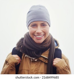 I Love Hiking. Closeup Portrait Of An Attractive Young Woman Out Hiking On An Overcast Day.