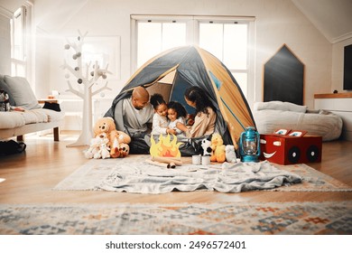 Love, home camping and happy family bonding, relax and enjoy time together having fun in living room. Happiness, tent and youth children playing with mother, father or parents in house adventure - Powered by Shutterstock