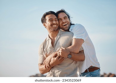 Love, hug and gay men with blue sky, embrace and smile on summer vacation together in Thailand. Sunshine, romance and marriage, happy lgbt couple relax in nature on island holiday with pride and fun. - Powered by Shutterstock