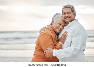 Love, hug and portrait of old couple on beach for romance, bonding and travel. Vacation, retirement and care with senior man and woman hugging together on date for peace, mockup space and happiness - Powered by Shutterstock