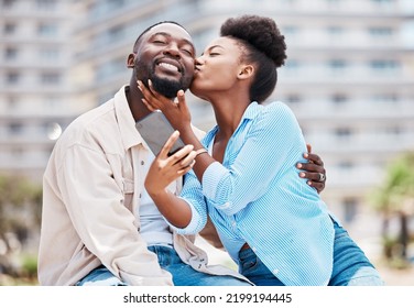 Love, Kiss And Couple Take Phone Selfie On Romantic Date Together, Happy And Smile While Relax Outdoors On Summer Holiday. Black Woman And Man On A Romance Travel Adventure Or Journey In Urban City