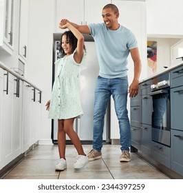 Love, kitchen and father dancing with child in a in a home for care, happiness and bonding together in a house. Laughing, parent and dad playing with girl or kid as support spinning with energy - Powered by Shutterstock