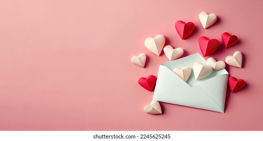 love letter envelope overflowing with paper craft hearts - flat lay on pink valentines or anniversary background with copy space - Shutterstock ID 2245625245