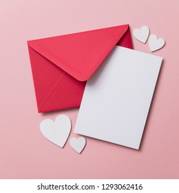 Love letter. white card with red paper envelope mock up