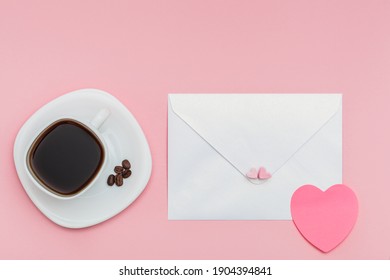 Love Letter And White Cup Of Coffee. Pearlescent Envelope