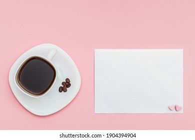 Love Letter And White Cup Of Coffee. Pearlescent Envelope