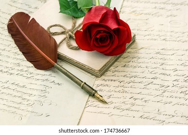 Love Letters, Rose Flower And Antique Feather Pen. Romantic Vintage Background. Valentine's Day