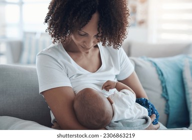 Love, living room and mother breastfeeding her baby for health, nutrition and wellness at home. Bonding, care and young woman nursing or feeding her newborn child milk on the sofa in the family house
