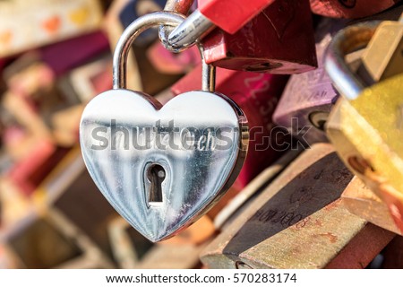 love lock at the Hohenzollern Bridge in Cologne/ Germany (translation: I love you)