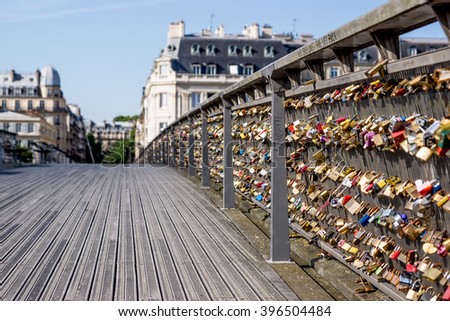 Love locks on Pont de Arts bridge in Paris with low view point