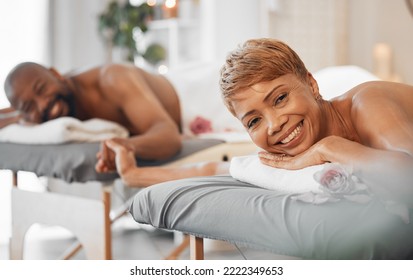 Love, Massage And Couple Holding Hands At A Spa In Celebration Of A Happy Marriage Anniversary Holiday. Smile, Romance And Relaxed Black Woman With A Happy Romantic African Partner At A Luxury Resort