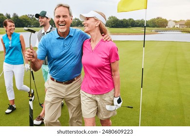 Love, mature couple and golf outdoor with bonding for fitness challenge, excited and support of hobby training. Happy, people with embrace for game practice, exercise and laughing for recreation club - Powered by Shutterstock