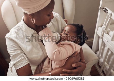 Love, milk and bottle with mother and baby for care, nursing and morning. Smile, happiness and food with black woman and feeding newborn infant in family home for nutrition, wellness and growth