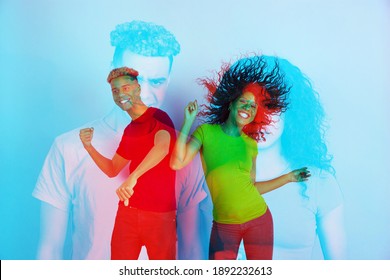 Love. Multiple portrait with glitch duotone effect. Multiple exposure, abstract fashionable beauty photo. Young beautiful african couple posing. Youth culture, composite image, fashionable people.