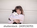 I love my cat Girl Holding White and Black Pet Cat Hugging Cutie Besties