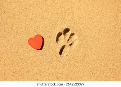 I Love My Dog Message Written In The Sand At The Beach. Dog Paw Print And Heart, Concept Design For Pet Lovers, A Condolence Concept For Death Of A Pet Dog
