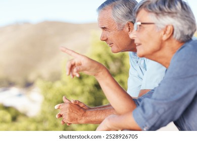 Love, nature and elderly couple with balcony, point and bonding for retirement rest. Happy, care and senior man with woman and romantic date, holiday or vacation together with garden view in Canada - Powered by Shutterstock