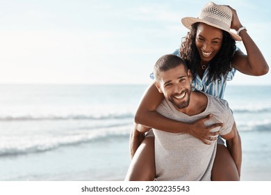 Love, ocean and piggyback, happy couple with space for mockup, blue sky and romantic summer holiday travel to beach. Romance, man and woman have fun at sea on date and tropical vacation together - Powered by Shutterstock