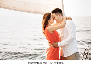 Love On The Ship, Couple In Love Hug On A Yacht At Sea. . High Quality Photo