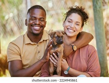 Love, portrait and black couple with dog at animal shelter for adoption at kennel. Support, care or happy interracial couple, man and woman bonding with foster puppy or pet and enjoying time together - Powered by Shutterstock