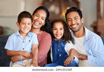 Love, portrait and parents with children on sofa for relax, comfortable or bonding together in living room. Family, kids and hispanic man with woman on weekend for happiness, support or peace in home - Powered by Shutterstock