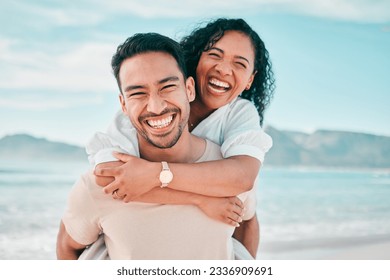 Love, portrait and piggyback with couple on beach for travel, summer and vacation together. Peace, smile and relax with man and woman hugging on date for seaside holiday, care and mockup space - Powered by Shutterstock