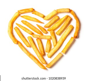 I love potatoes. French fries in the form of heart isolated on white background