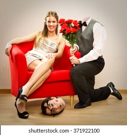 Love Proposal For Valentine Day Nerd Man Boyfriend With Flower Gift Loses His Head