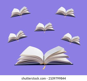 Love reading concept with hardcover books on purple background. Opened old books flying away. Education background. - Shutterstock ID 2109799844