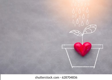 love refresh concept with raining drawing on grey background with red heart object and free copyspace for your text