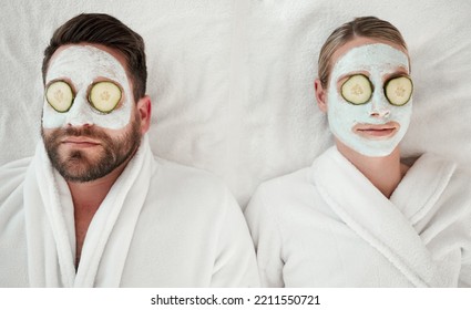 Love, relax and couple at spa with face mask for luxury wellness treatment together from above. Professional skincare facial for self care detox and relaxation on cosmetic salon bed in Canada. - Powered by Shutterstock