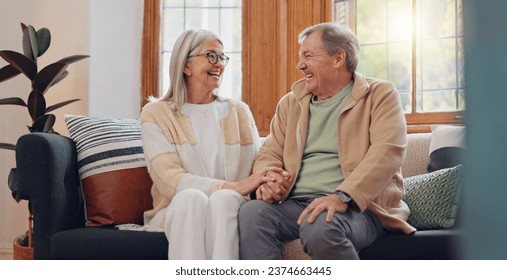 Love, relax and senior couple laughing at funny joke, enjoy quality time together and bond on home living room sofa. Retirement, smile and elderly man, woman or people happy - Powered by Shutterstock