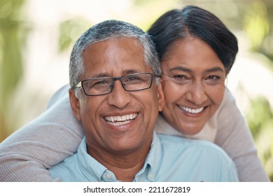 Love, Retirement Couple And Portrait Hug With Happy Smile And Romantic Embrace In Garden. Married, Senior And Latino People In Relationship Commitment Together With Care And Support.