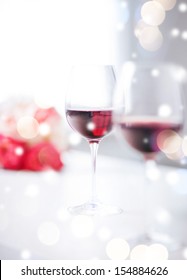 Love, Romance, Holiday, Celebration Concept - Wine Glasses On The Table In Restaurant