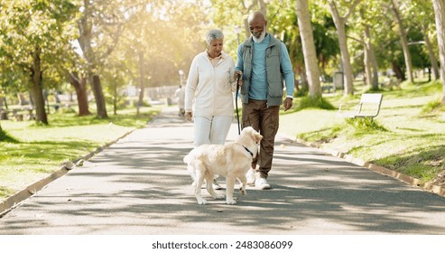 Love, senior couple and dog walking in park together for exercise, health and outdoor wellness. Active, man and woman with labrador pet animal for morning fitness in nature, adventure or retirement - Powered by Shutterstock