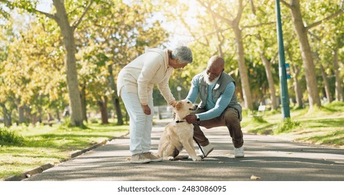 Love, senior couple and pet outdoor on walk together for group exercise, health and wellness in park. Play, senior man and woman in nature with labrador animal for morning adventure in retirement - Powered by Shutterstock