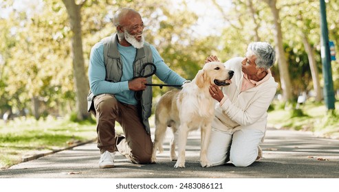 Love, senior couple and pet outdoor on walk together for group exercise, health and wellness in park. Active, senior man and woman in nature with labrador animal for morning adventure and retirement - Powered by Shutterstock