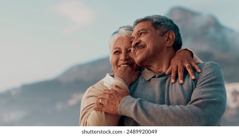 Love, senior couple and thinking on beach together for holiday bonding, retirement or vacation. Hug, romance or smile with elderly man and woman embracing on tropical island coast for peace or travel - Powered by Shutterstock