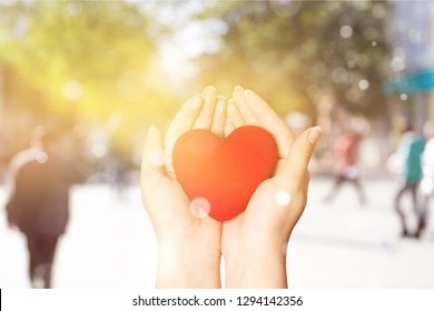 Love Shape Exercise Ball On Female Woman Hand Support On Aging Old Wood Background: Heart Disease Awareness Week: American Heart Month: National Wear Red Day For WomenÃ¢â‚¬â„¢s Heart Health Concept