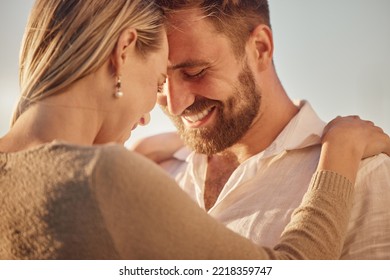 Love, Smile And Couple Forehead Touch Outdoors On Holiday, Vacation Or Summer Trip. Romance, Affection And Happy Man And Woman Bonding, Loving And Care While Spending Quality Time Together Outside.