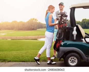 Love, sports and vehicle with couple on golf course together for bonding, hobby or leisure. Grass. green and smile with happy man and woman golfing outdoor for holiday, relationship or vacation - Powered by Shutterstock