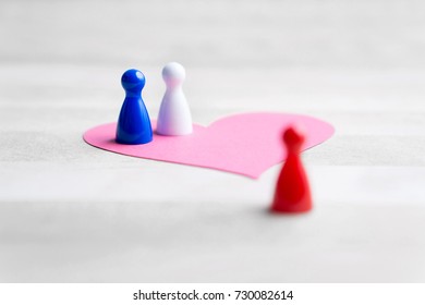 Love Triangle Or Being Third Wheel. Having Affair, Infidelity Or Cheating Concept. Board Game Pawns And Paper Heart On Table. 